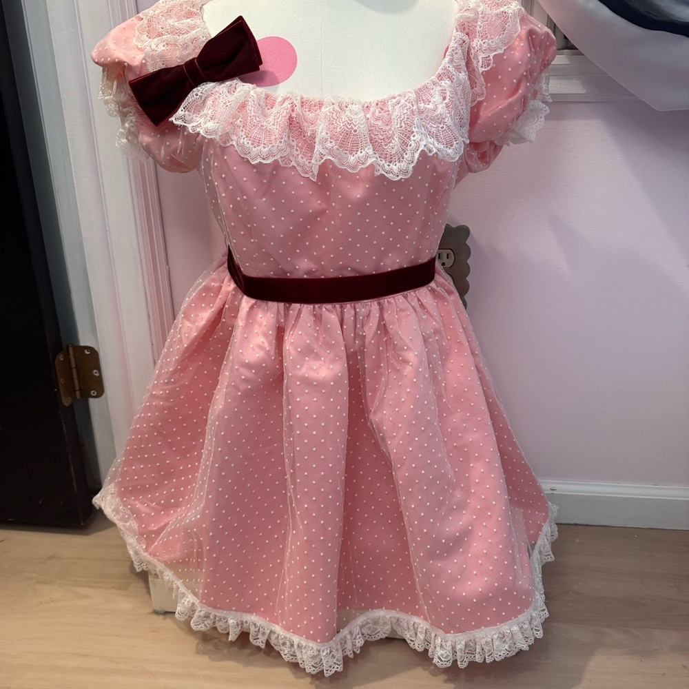 Dolls Kill Pink Polka Dot Lace Trim Dress with Burgundy Bow